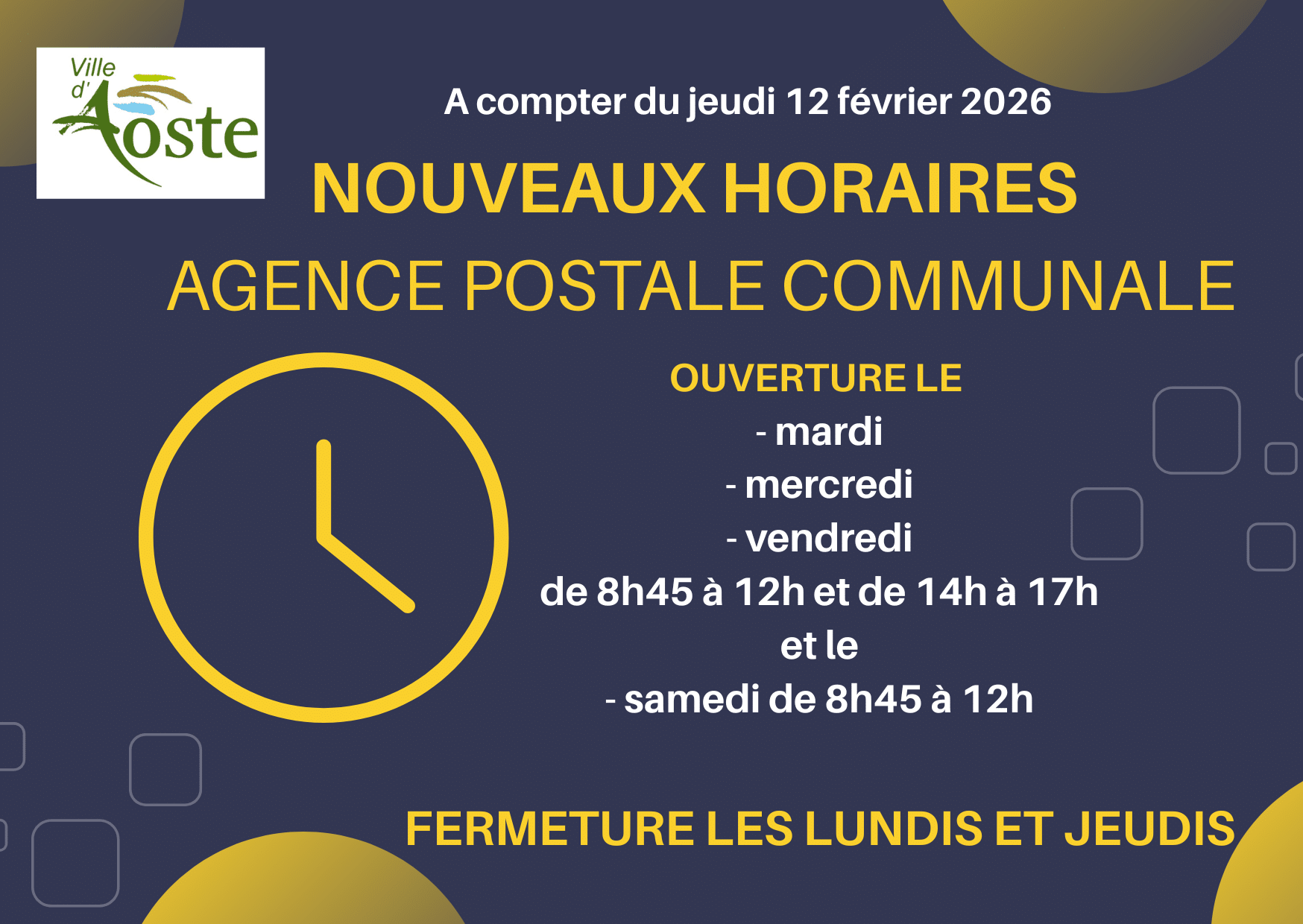 NOUVEAUX HORAIRES DE L’AGENCE POSTALE COMMUNALE