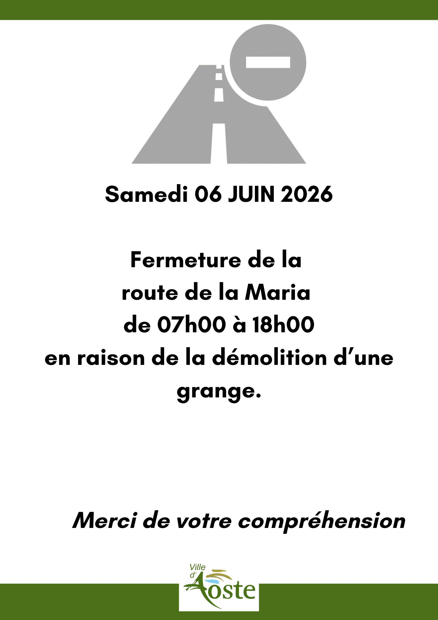 Samedi 06 JUIN 2026 La route de la Maria sera fermée de 07h00 à 18h00